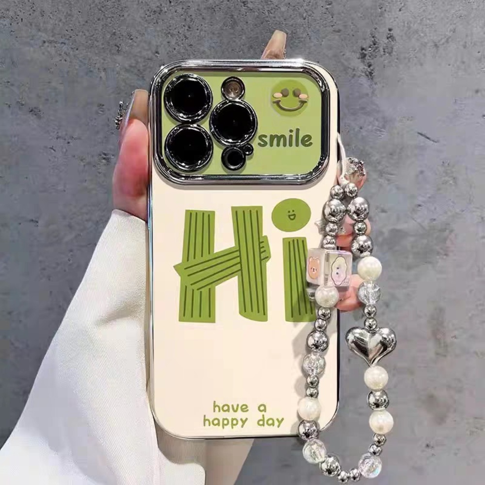 Green 'Hi' Smile Protective Phone Case with Beaded Wrist Strap